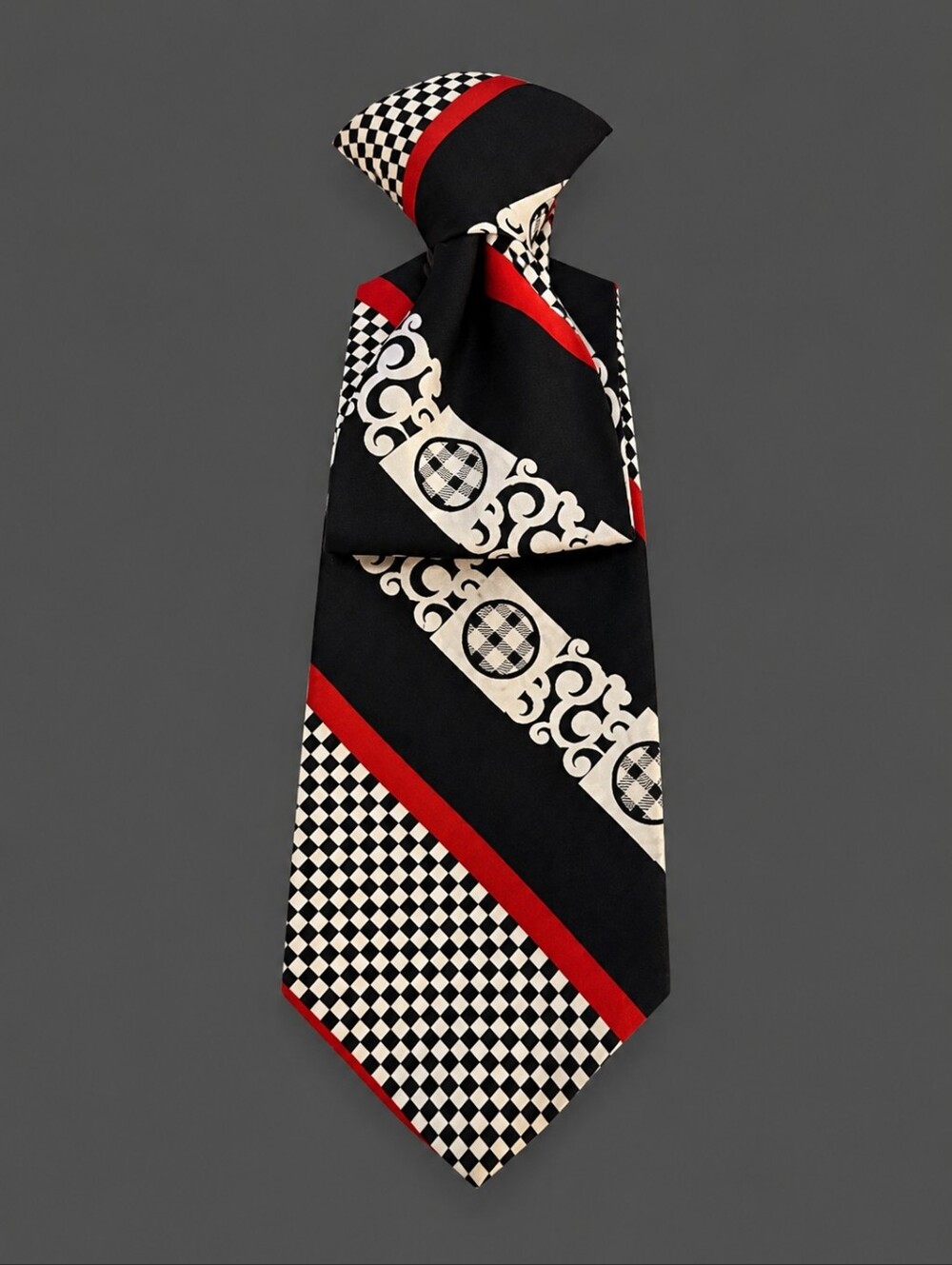 Vtg WEMBLEY MCM Red White and Blue Check Striped Wide Clip-on Tie